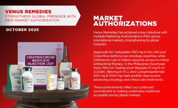 Venus Remedies Secures New Global Approvals to Strengthen Access to Critical Therapies